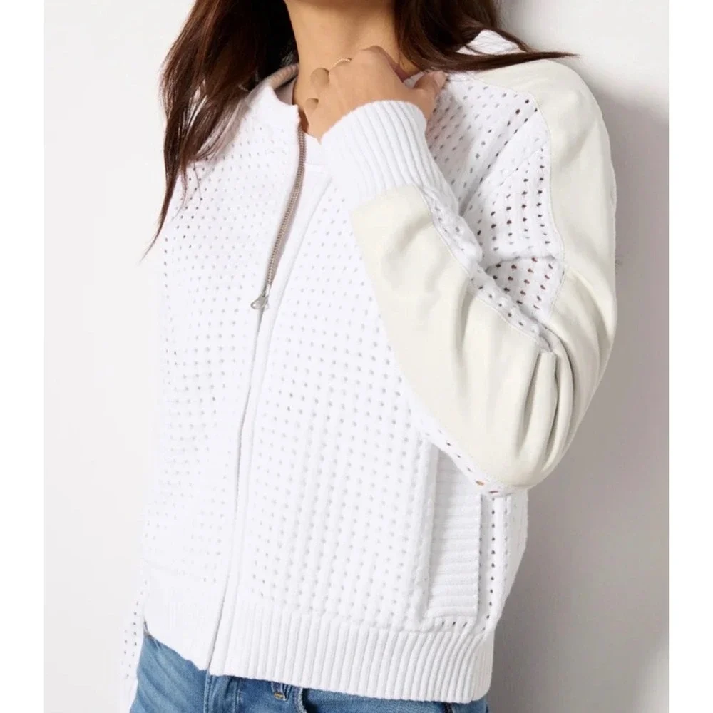 Evereve Harlow White Pointelle Open Knit Bomber Jacket Faux Leather Trim XS